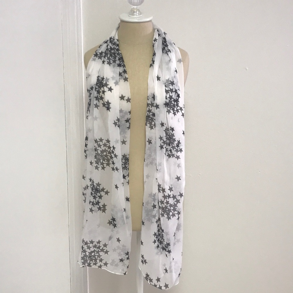 70” Rectangular Sheer White Scarf with Black Stars